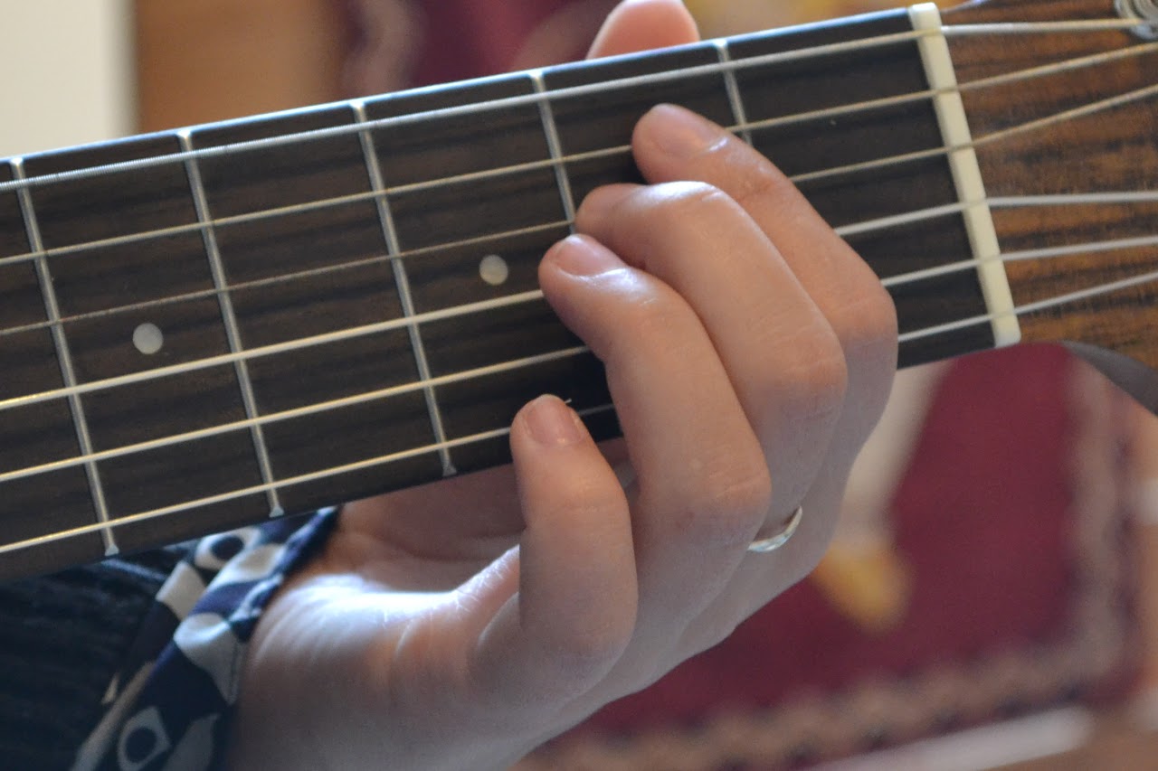 Guitar lesson - close up of left hand